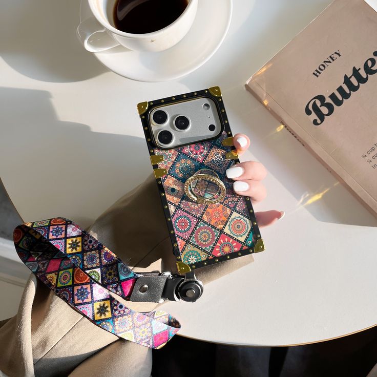 Retro Mosaic Phone Case With Strap & Ring Holder