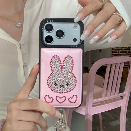Rhinestone Bunny Hearts Phone Case With Charm & Fluffy Pom