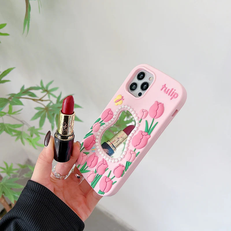 Silicone Tulip Embossed Pearl Mirror Phone Case