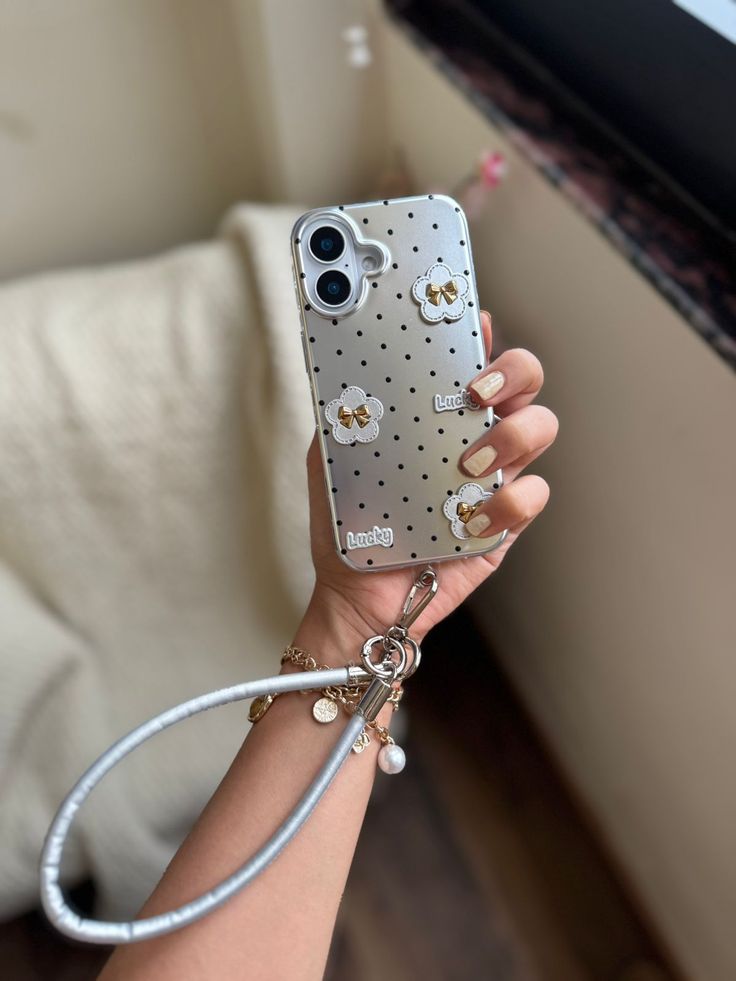 Silver Polka Phone Case with Hand Strap