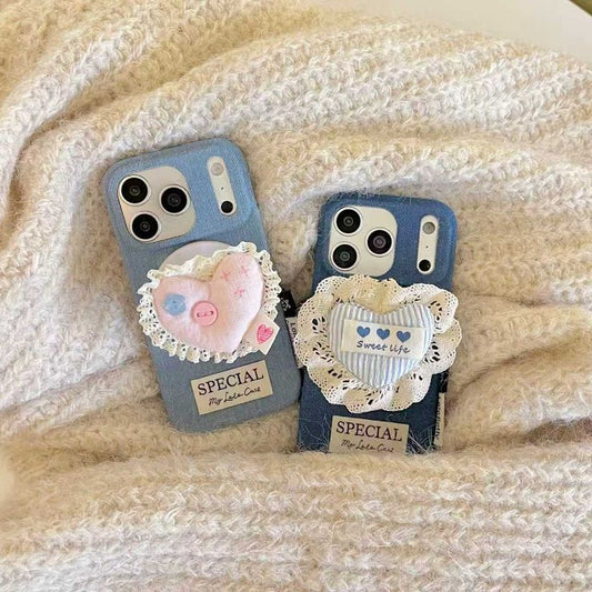 Soft Denim Heart Phone Case With MagSafe Holder
