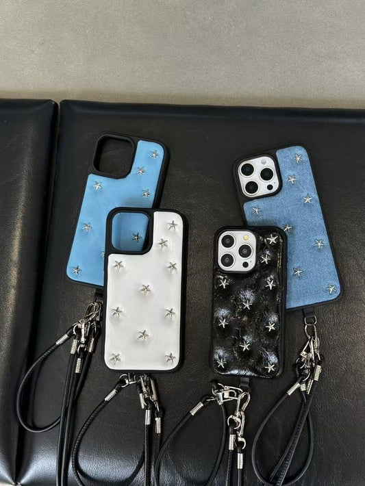 Star-Studded Leather Phone Case With Detachable Strap