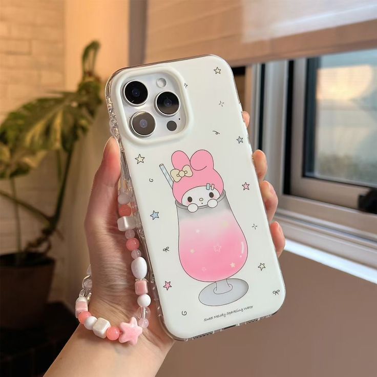 Pastel Bunny Drink Silicone Phone Case With Beaded Charm Strap
