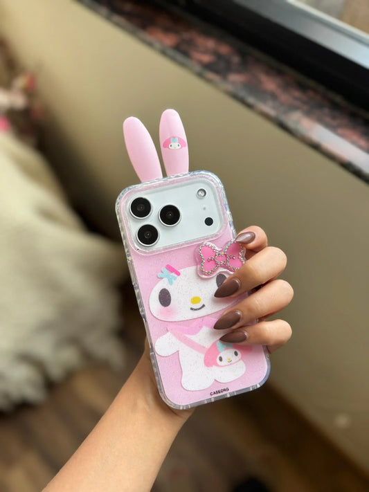 Cute Pink Bunny Ears Phone Case With Bow Accent