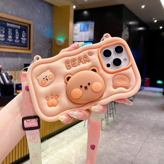 Cute Bear Pop Stand With Strap Phone Case