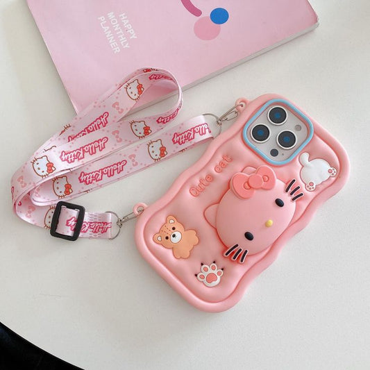 Cute Cat Pop Stand With Strap Phone Case