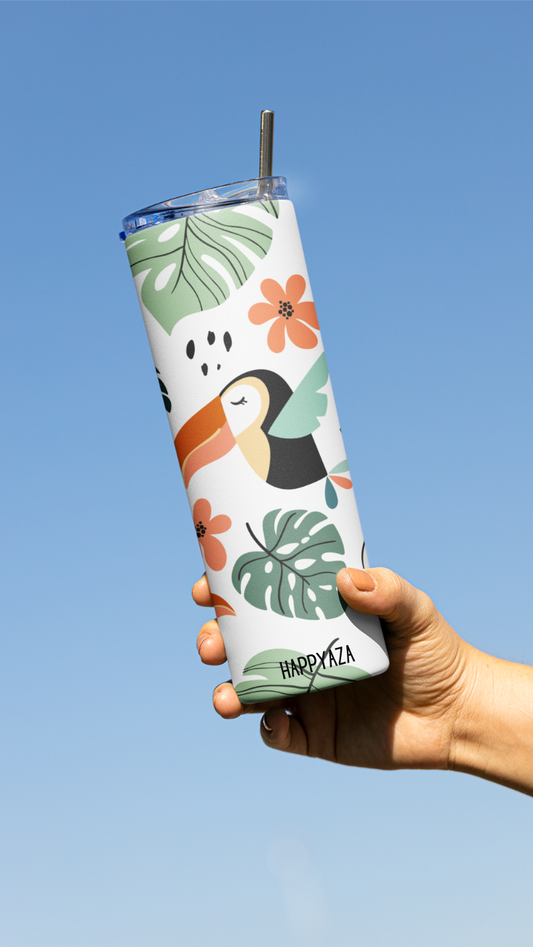 Birds & Floral Designer Tumbler With Metal Straw