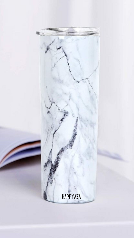 White Marble Designer Tumbler With Metal Straw