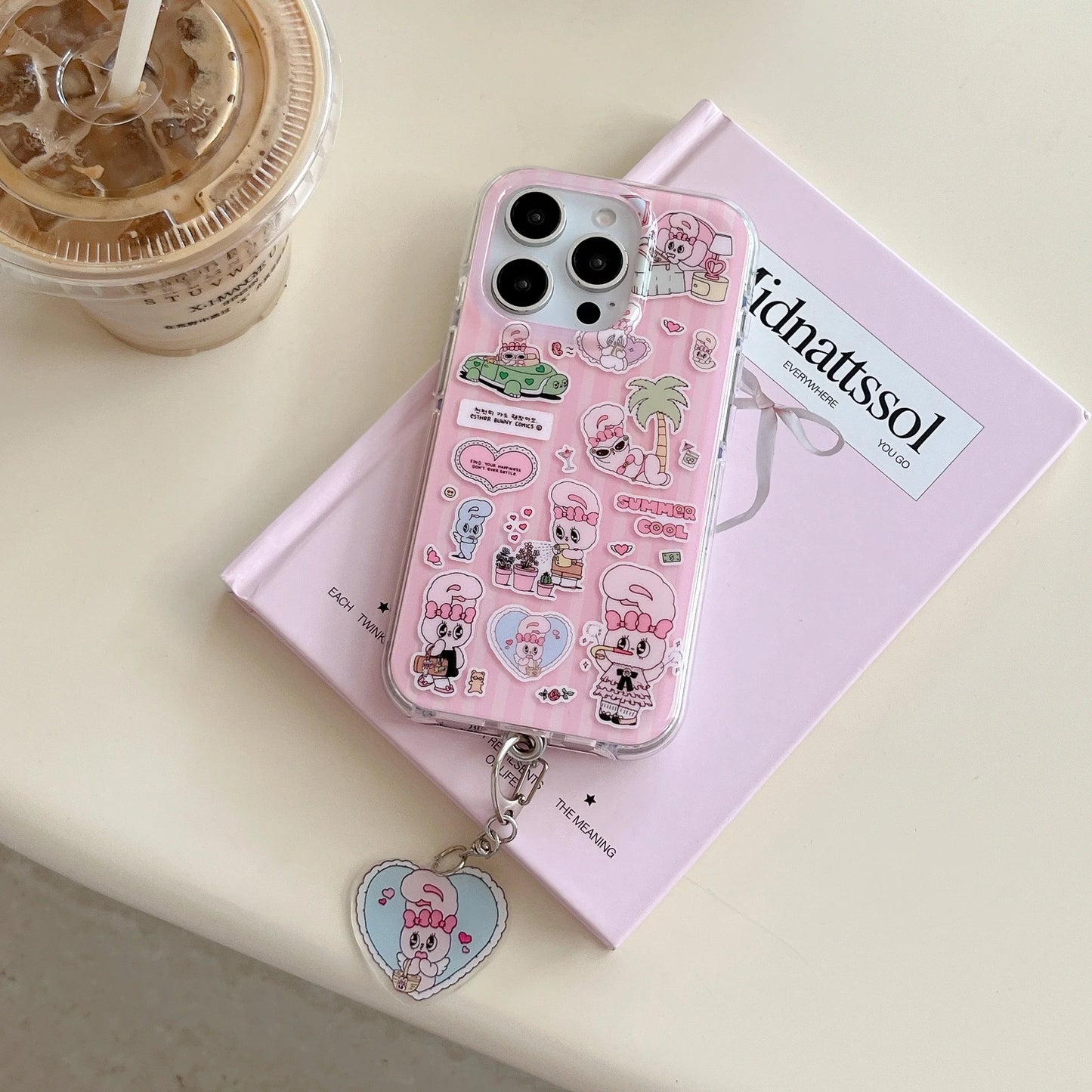 Cute Pink Cartoon Silicone Phone Case with Heart Charm
