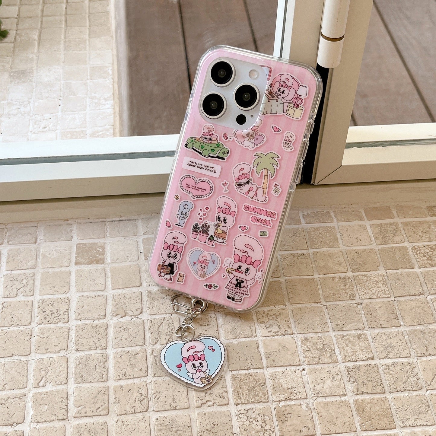 Cute Pink Cartoon Silicone Phone Case with Heart Charm