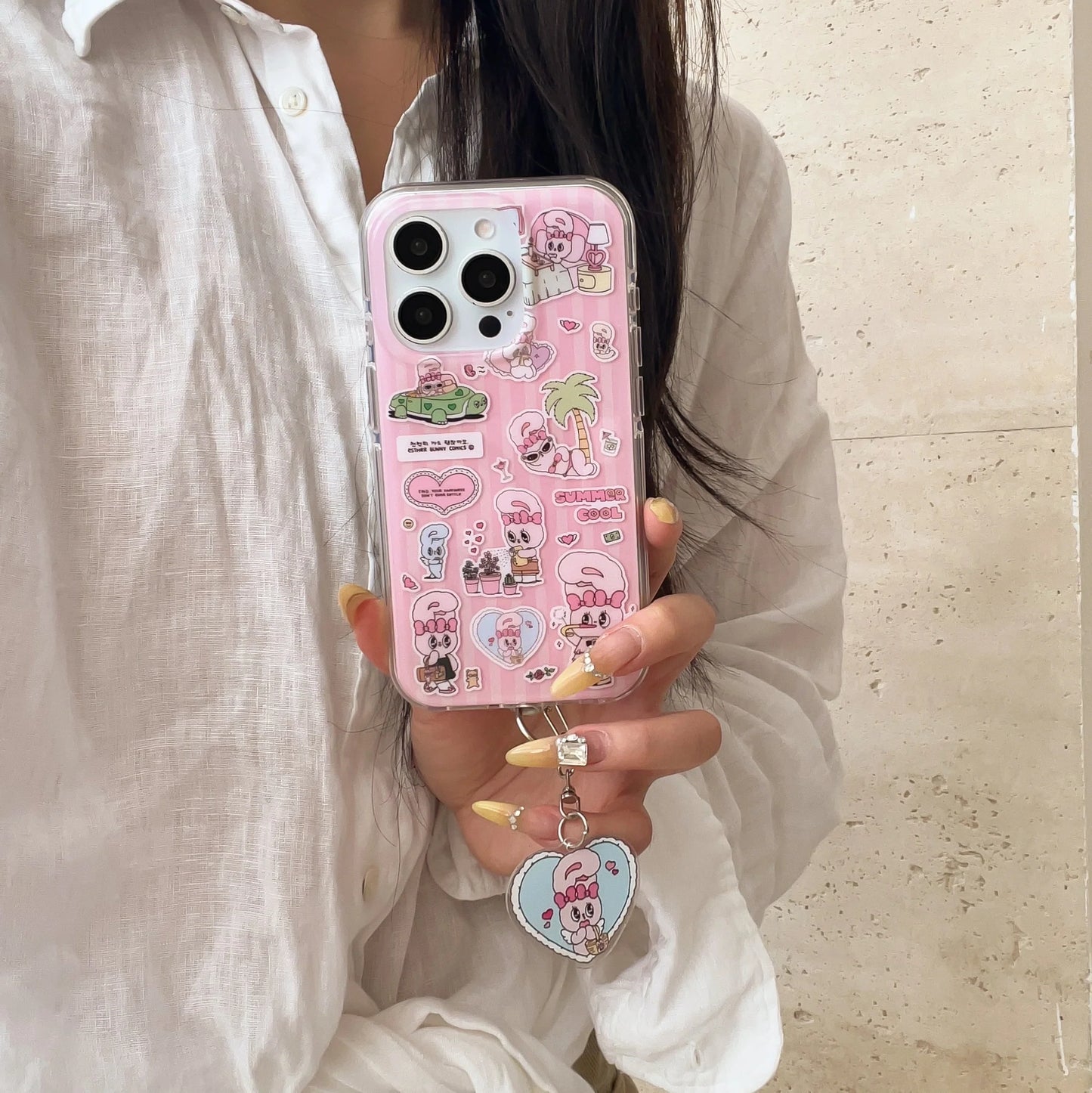 Cute Pink Cartoon Silicone Phone Case with Heart Charm