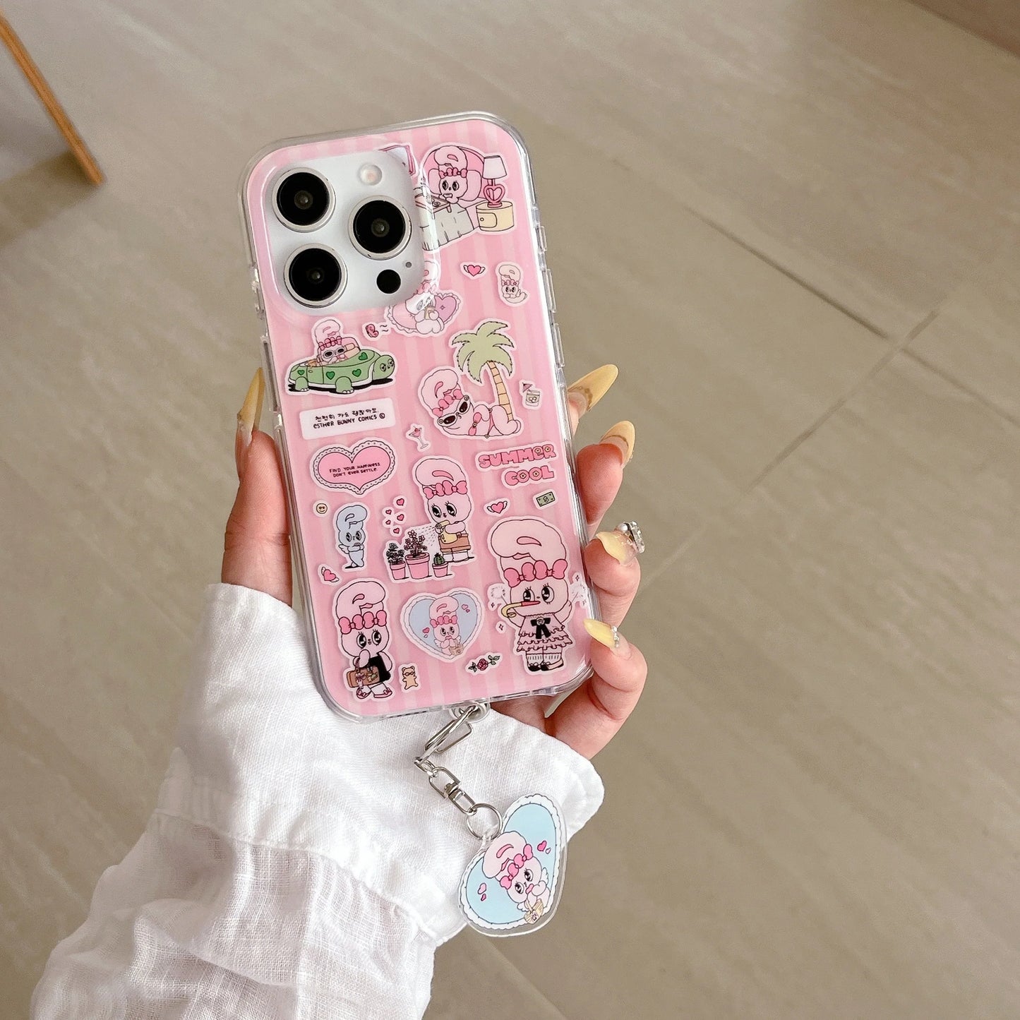 Cute Pink Cartoon Silicone Phone Case with Heart Charm