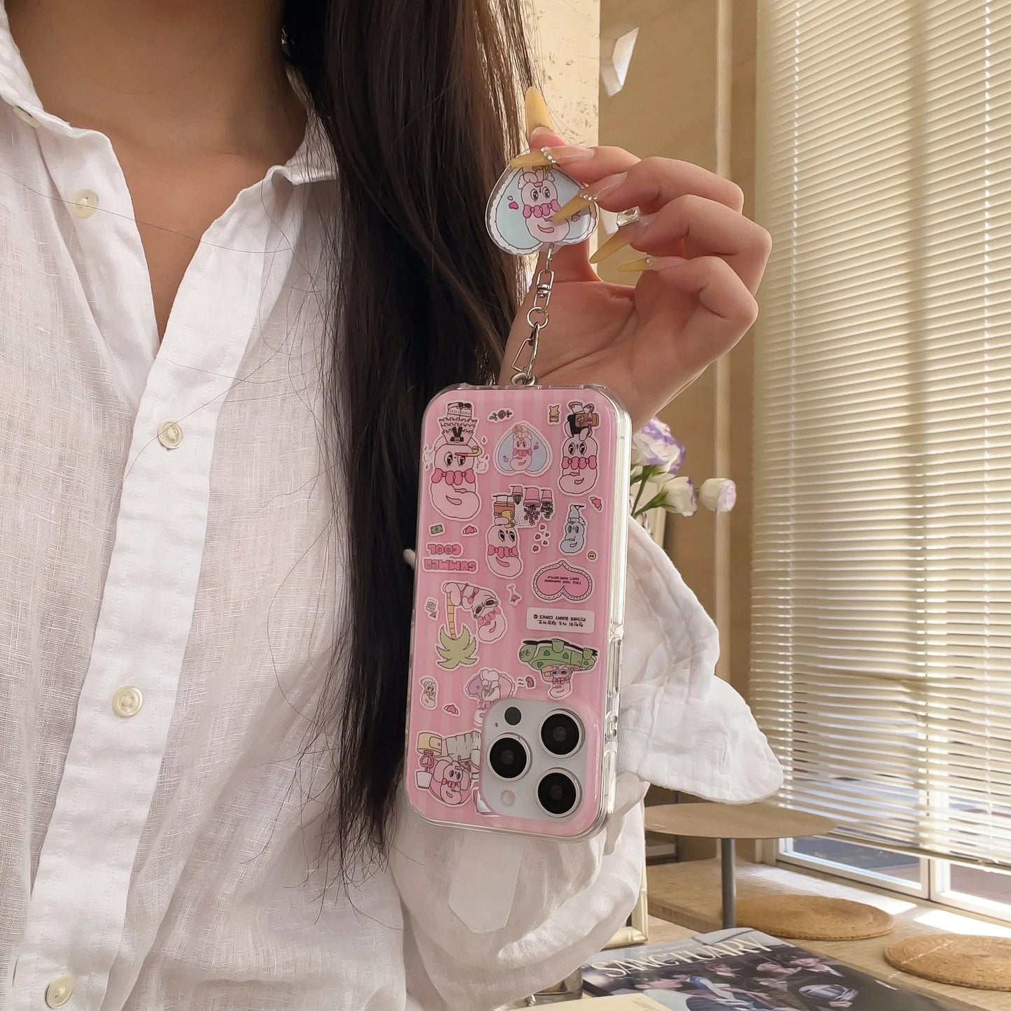 Cute Pink Cartoon Silicone Phone Case with Heart Charm