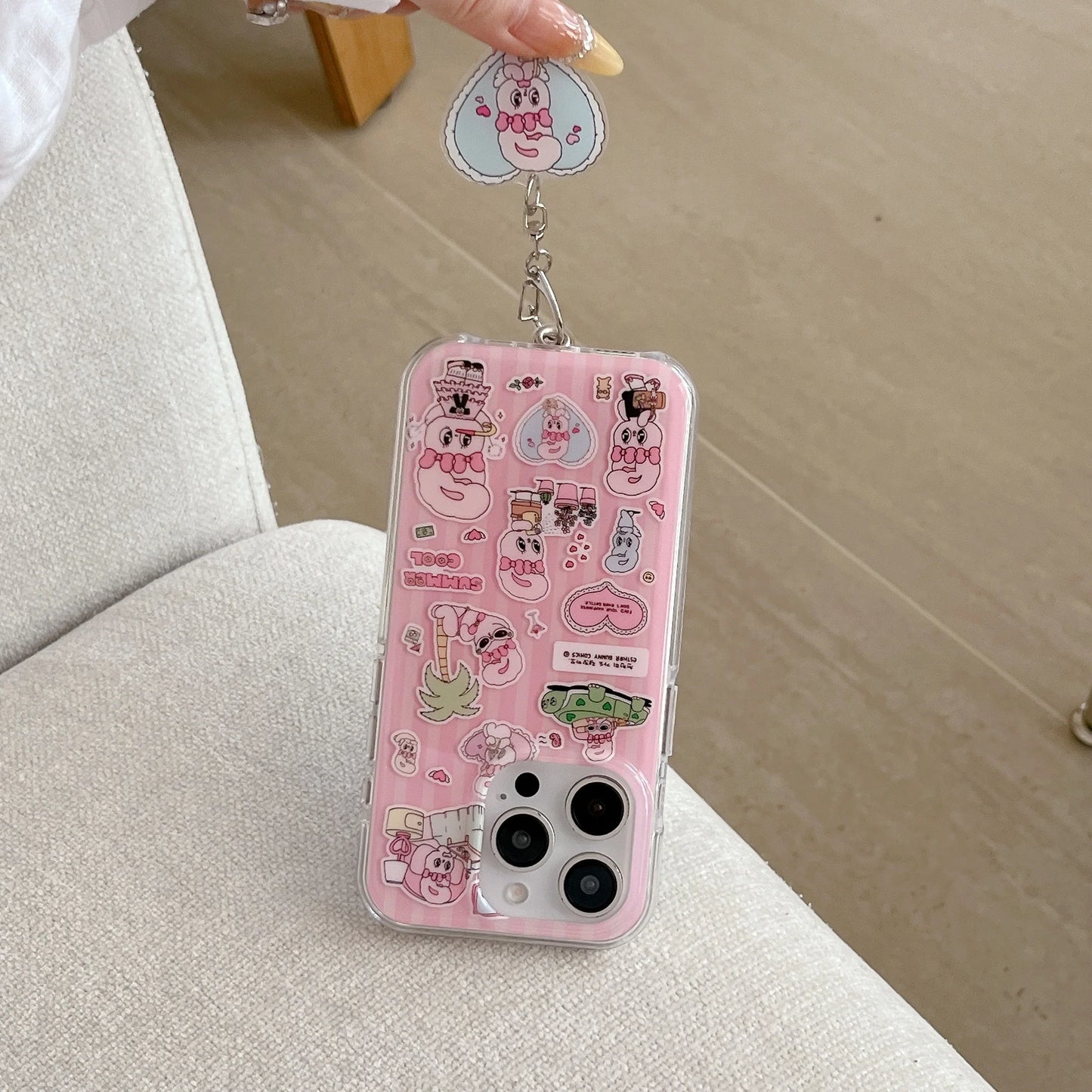 Cute Pink Cartoon Silicone Phone Case with Heart Charm