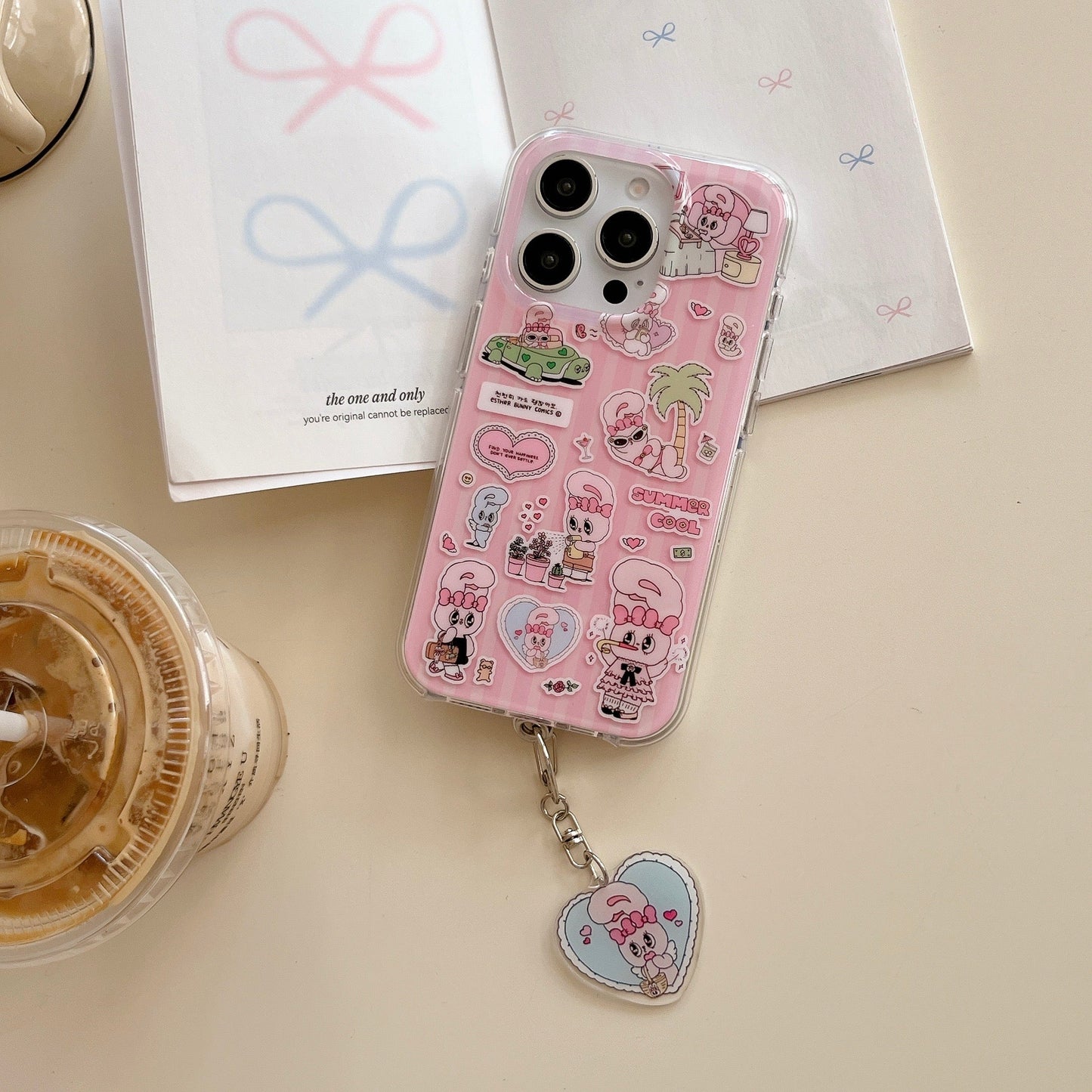 Cute Pink Cartoon Silicone Phone Case with Heart Charm