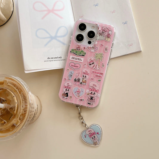 Cute Pink Cartoon Silicone Phone Case with Heart Charm