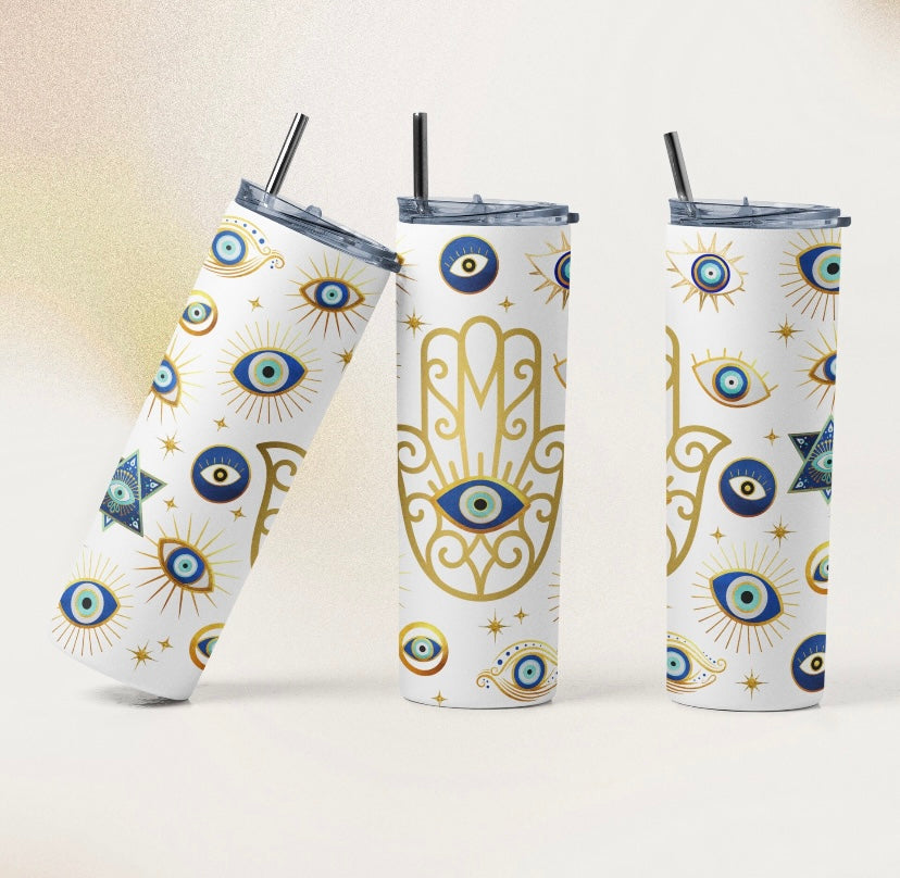 Evil Eye Designer Tumbler With Metal Straw