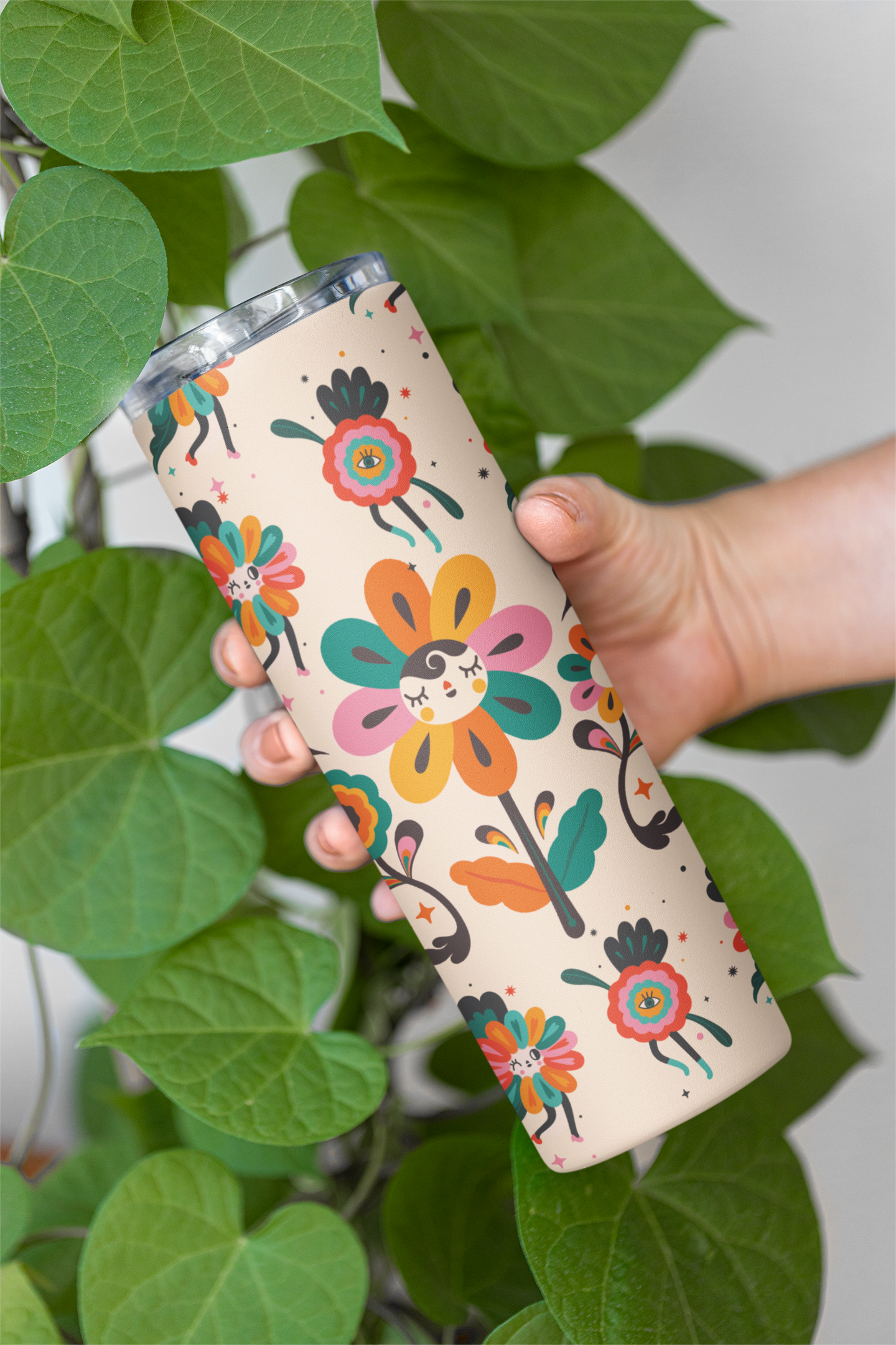 Flower Illustration Designer Tumbler With Metal Straw