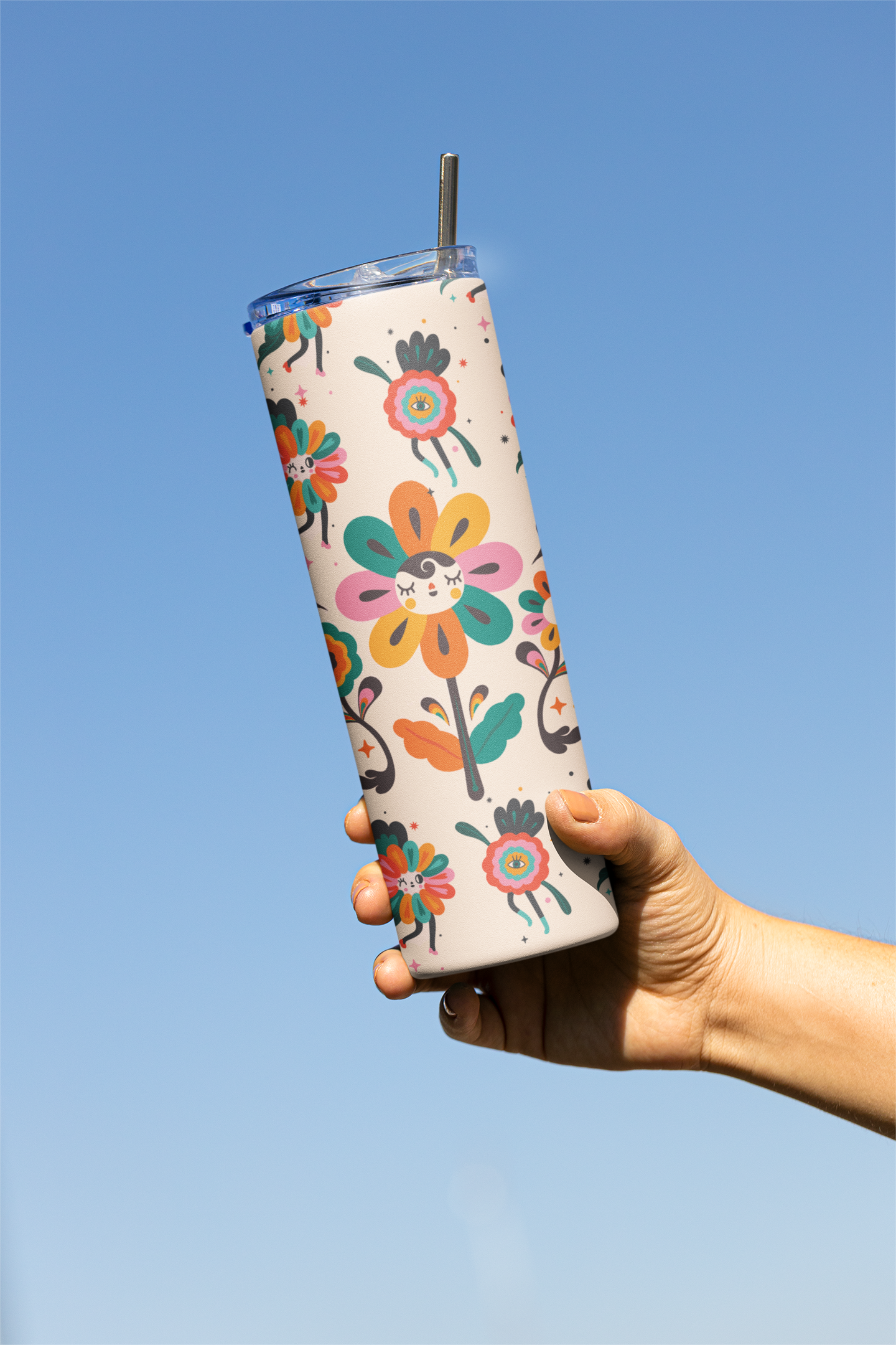 Flower Illustration Designer Tumbler With Metal Straw